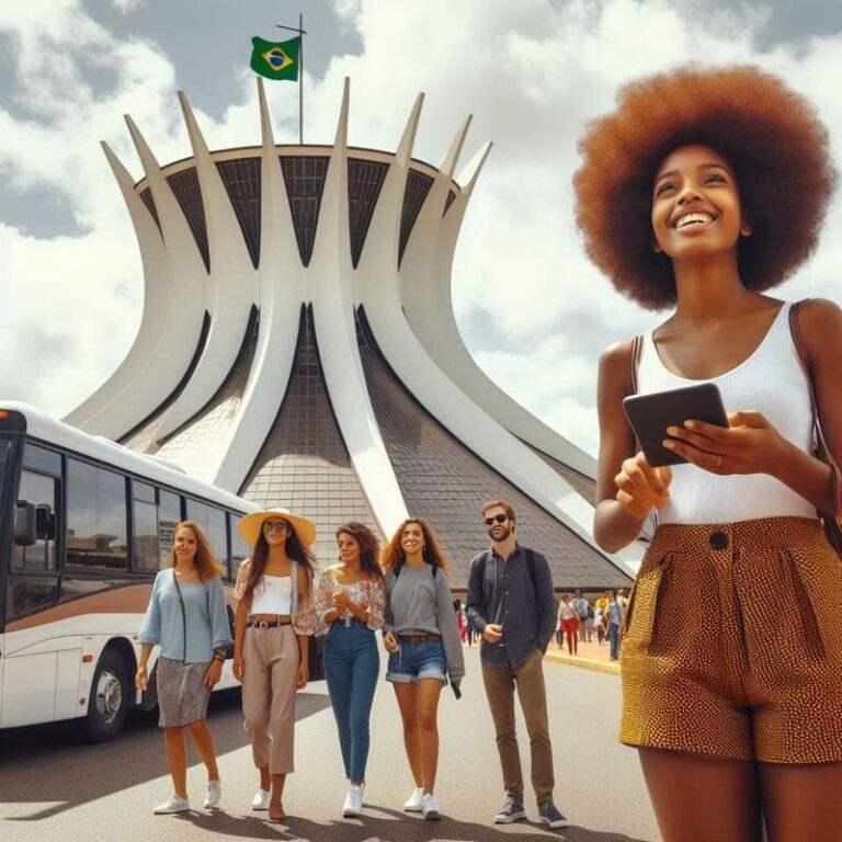 Jovem mulher negra sorrindo feliz, Catedral Metropolitana de Brasília ao fundo, um ônibus e alguns turistas em segundo plano, depois de um city tour com Rapha Guia de Turismo.