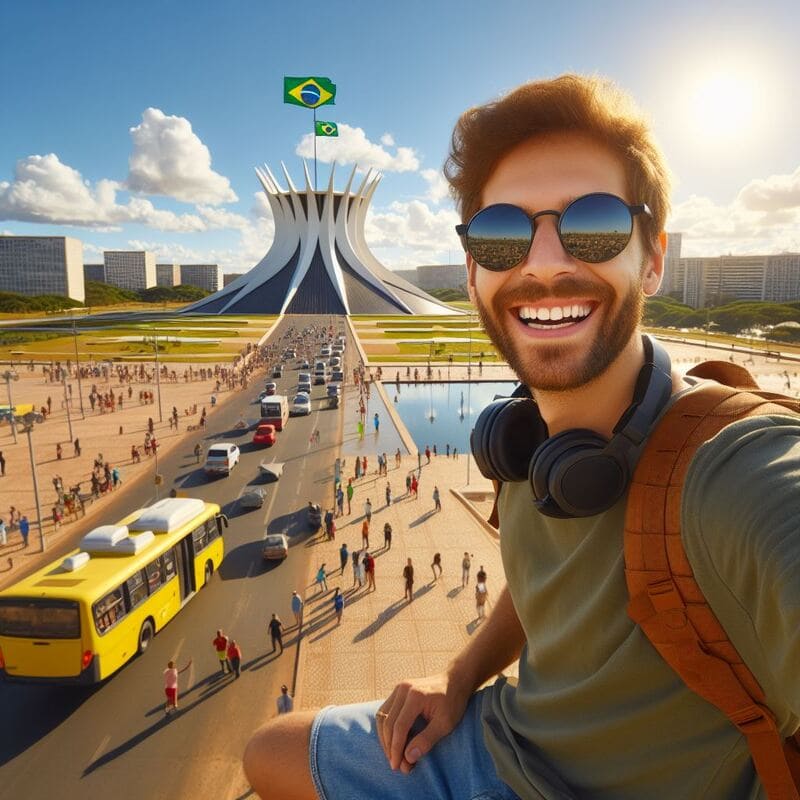 Homem sorrindo feliz em Brasília depois de um city tour com Rapha Guia de turismo, Catedral metropolitana de Brasília ao fundo.