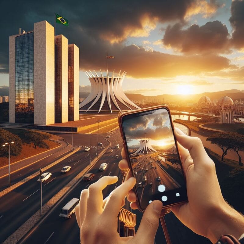 Imagem de computação gráfica de mãos com celular tirando foto da Catedral de Brasília, em um city tour com Rapha Guia de Turismo.