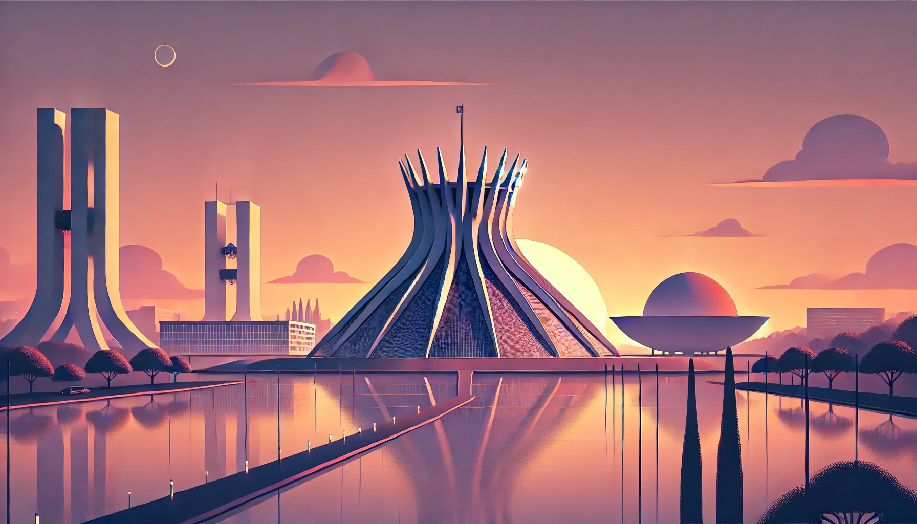 A serene sunset landscape in Brasília featuring the iconic Cathedral Metropolitana and the National Congress building. The Cathedral’s unique hyperbol