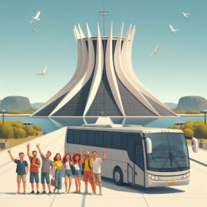 Tours em Carros Vans e Ônibus Qual a Melhor Opção para Conhecer Brasília - Catedral de Brasíli, onibus executivo, turistas felizes