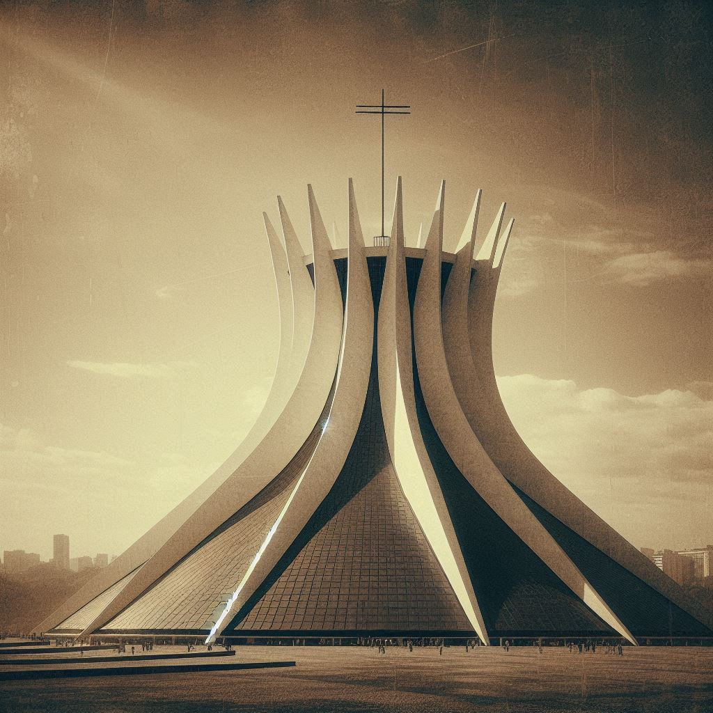 Uma Jornada pela História e a Arquitetura da Construção de Brasília - Catedral Metropolitana de Brasília in an old photo style