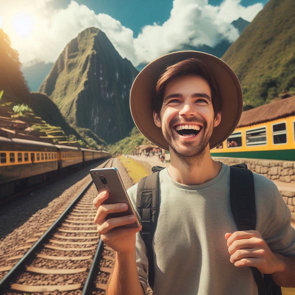 A Viagem de Trem no PeruRail Uma Experiência Inesquecível ou Apenas Mais Uma Opção - turista feliz, celular na mão, viagem de trem, machu pichu