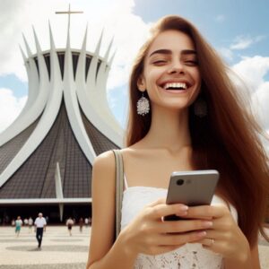 Catedral de Brasília, mulher feliz, celular na mão, Tecnologia e Personalização