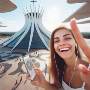 Catedral de Brasília, mulher feliz, celular na mão, Tecnologia e Personalização, Turismo com Propósito, de outro ângulo