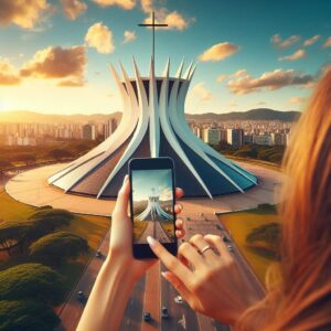 Catedral de Brasília, mulher feliz, celular na mão, Turismo de Bem-Estar, outro ângulo