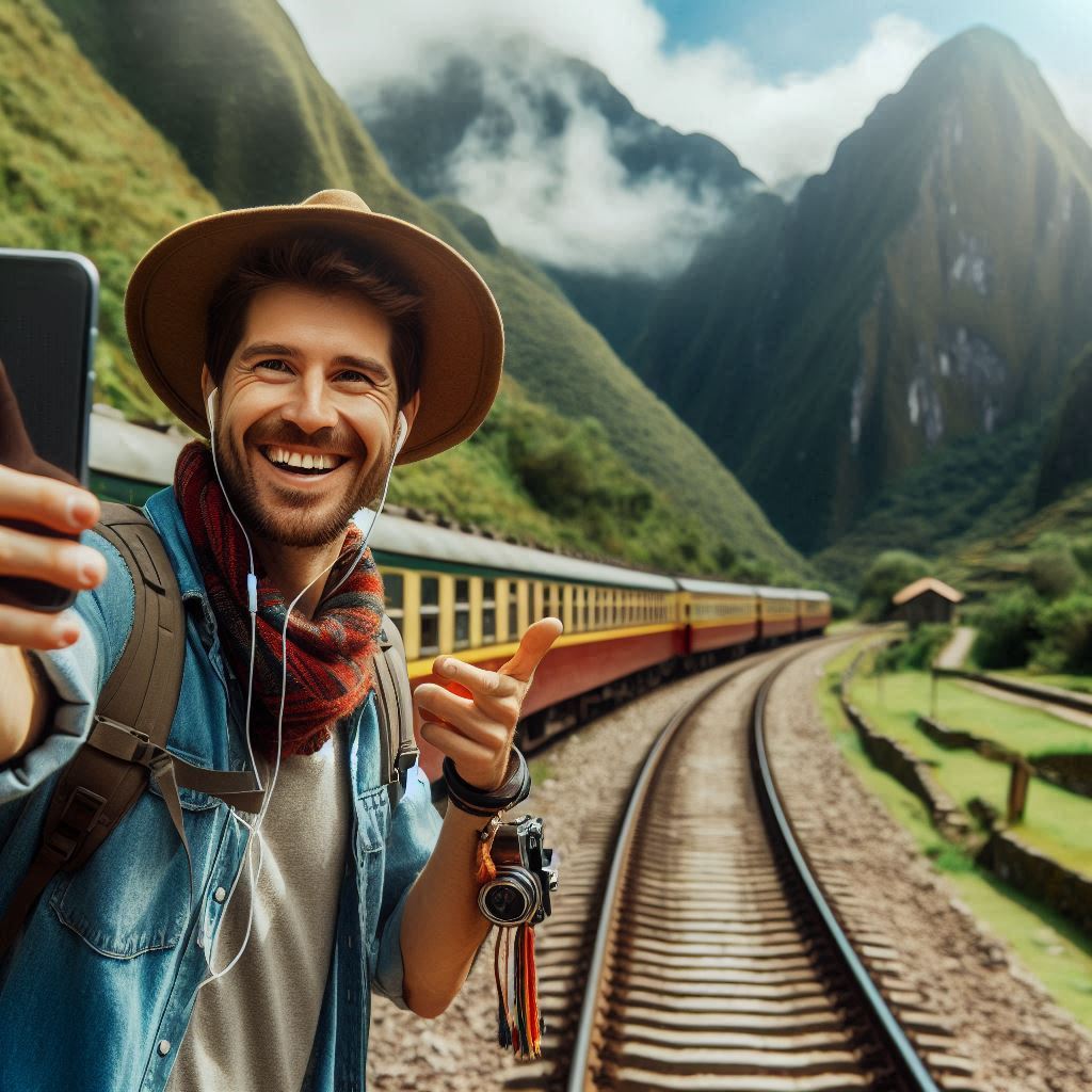 Qual o custo da viagem de trem no PeruRail - turista feliz, celular na mão, viagem de trem, machu pichu