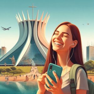 Sustentabilidade como Prioridade - Catedral de Brasília, mulher feliz, celular na mão, sustentabilidade, turista