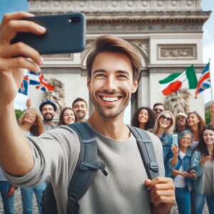 Vantagens do Wavee Global eSIM - um turista e um celular