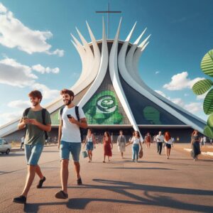 Walking Tour Residencial em brasília - Experiências Autênticas e Imersivas - turistas caminhando felizes, catedral metropolitana de brasília, turismo sustentavel, outro angulo