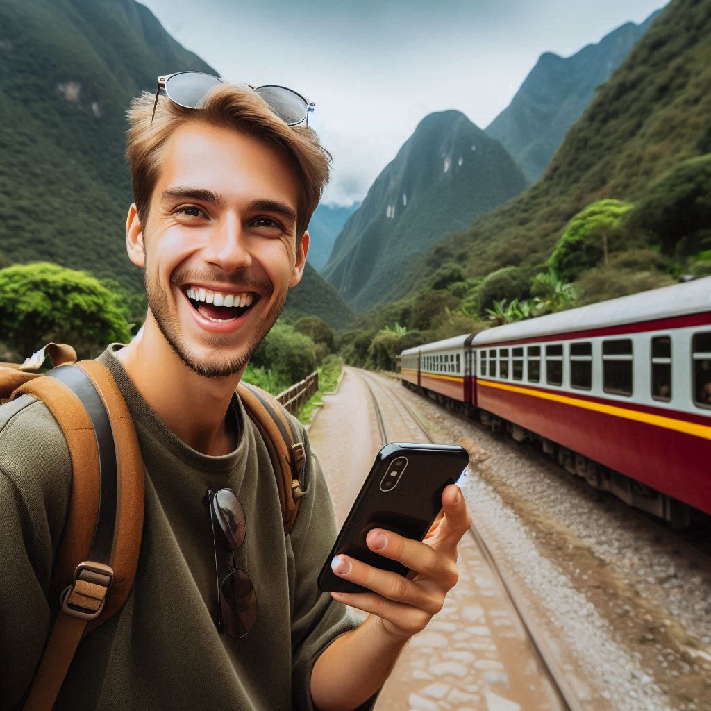 turista feliz, celular na mão, viagem de trem, machu pichu - Para quem é indicado