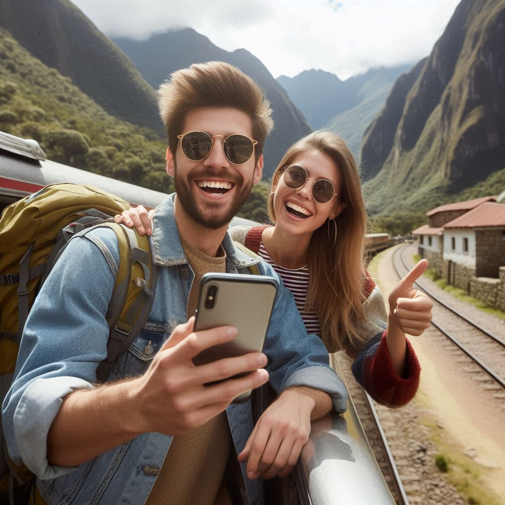 turista feliz, celular na mão, viagem de trem, machu pichu