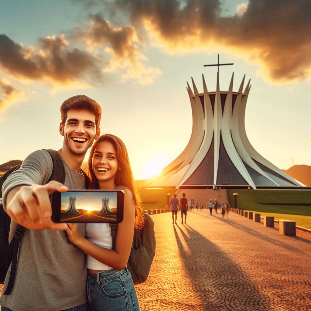 turista feliz com celular na mão tirando selfie, Catedral de Brasília, e Congresso Nacional, pôr do sol, casal