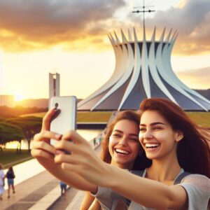 turista feliz com celular na mao tirando selfie, catedral de brasília, e congresso nacional, por do sol, mulher