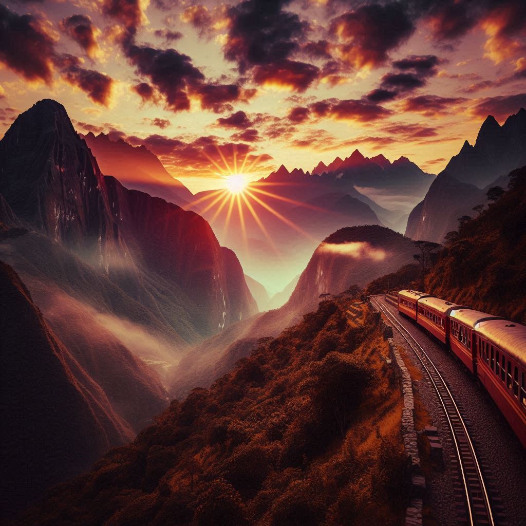 viagem de trem, machu pichu, por do sol, paisagem