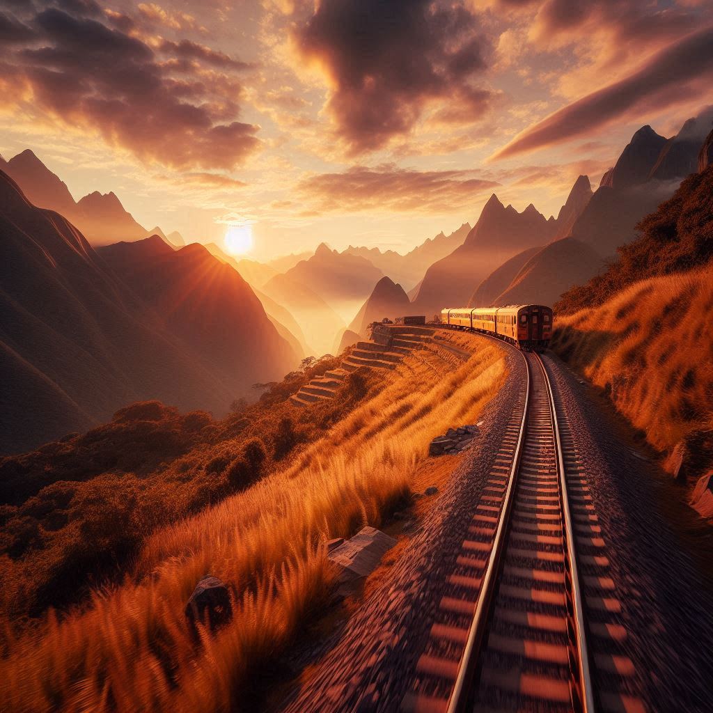 viagem de trem para Machu Picchu, paisagem por do sol, Peru