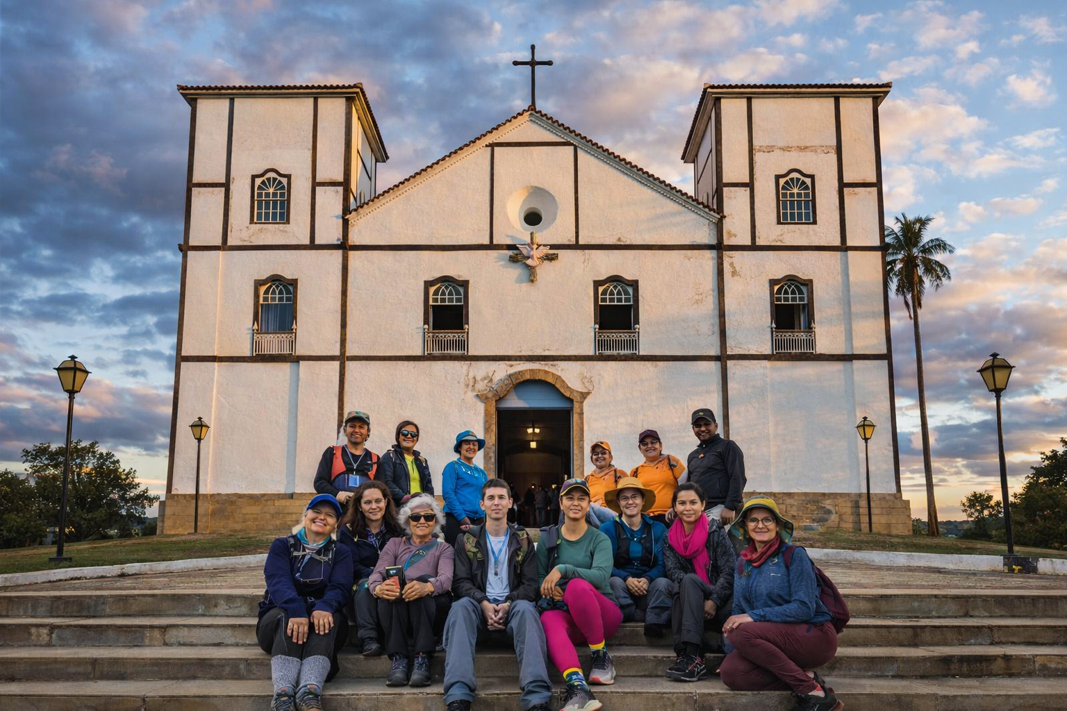 Igreja Matriz de Pirenópolis GO com grupo de turistas ao pôr do sol - bate e volta saindo de Brasília